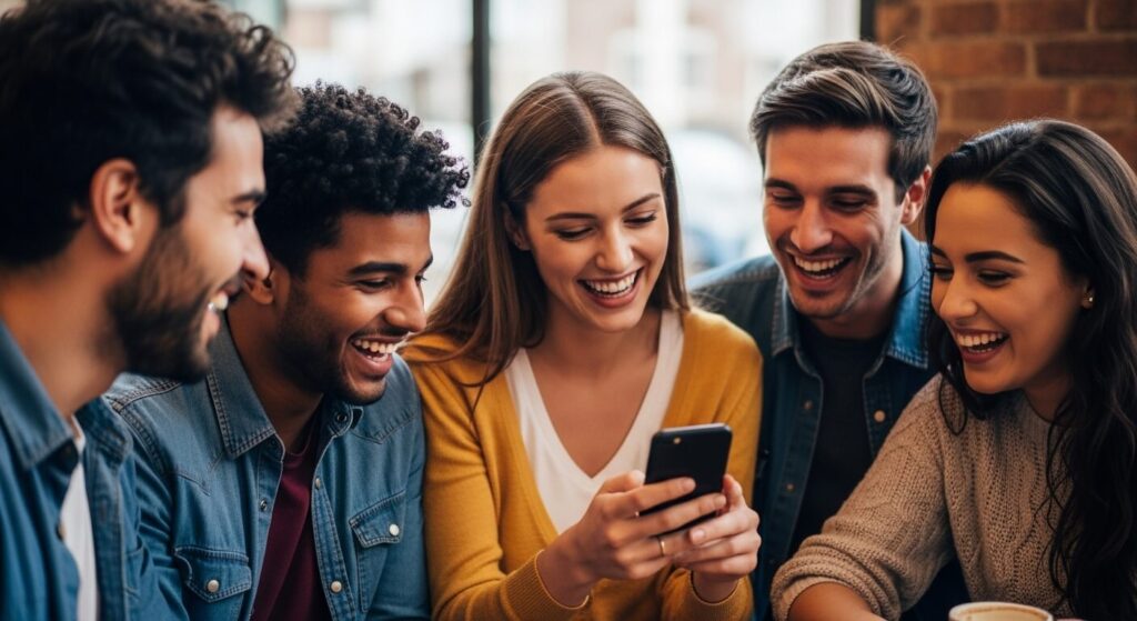Grupo de amigos interagindo com um smartphone, representando o compartilhamento de conteúdo autêntico na aba 'Amigos' do Instagram.