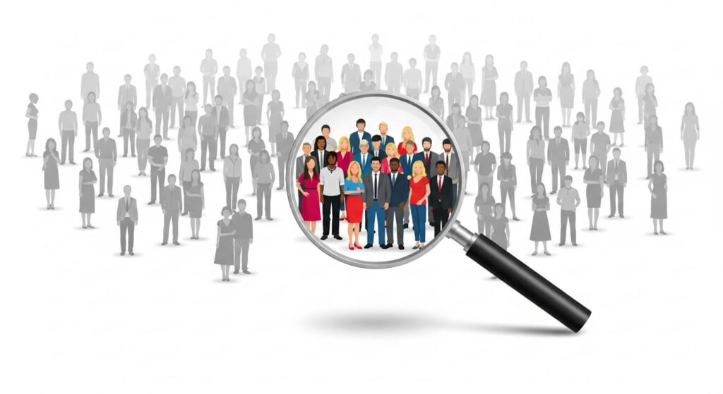 Ilustração de uma lupa focando em um grupo específico de pessoas para representar a análise e segmentação de um nicho de mercado.