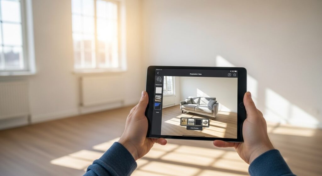 Pessoa utilizando tablet para posicionar um sofá virtual em uma sala de estar com realidade aumentada antes da compra online.