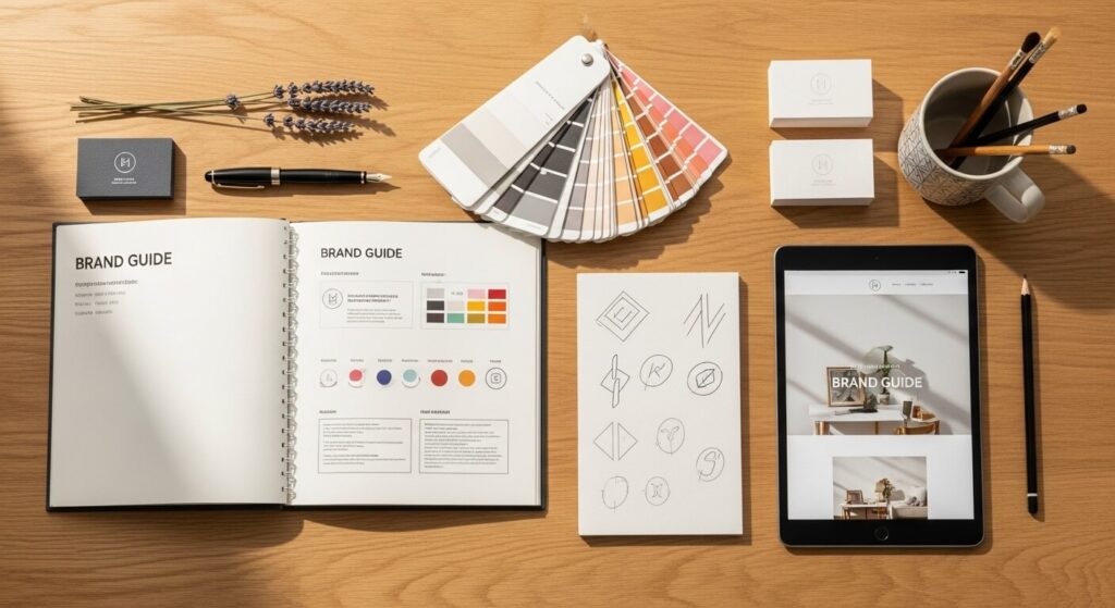 Mesa de trabalho de um designer com guia de estilo de marca, paleta de cores e um tablet mostrando um site com branding consistente.