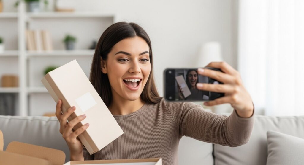 Cliente feliz tirando foto de um produto recém-chegado para compartilhar sua experiência online como Conteúdo Gerado pelo Usuário.