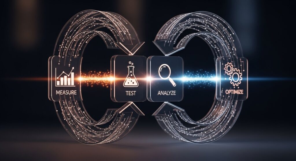 Infográfico do ciclo contínuo do marketing ágil: medir, testar, analisar e otimizar para alcançar melhores resultados.