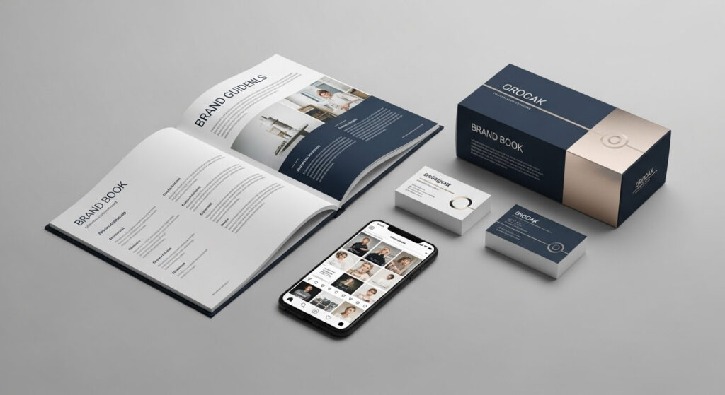 Vários materiais de uma marca (Brandbook, celular, embalagem) exibindo uma identidade visual consistente em cores e tipografia.