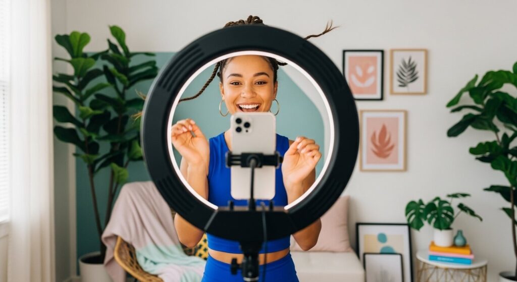 Criadora de conteúdo gravando um vídeo dinâmico para o Instagram Reels, formato essencial para o marketing em 2025.