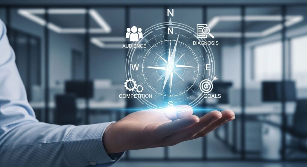 Bússola estratégica na mão de um gestor, apontando para os pilares do diagnóstico de marca: público, concorrência e metas.