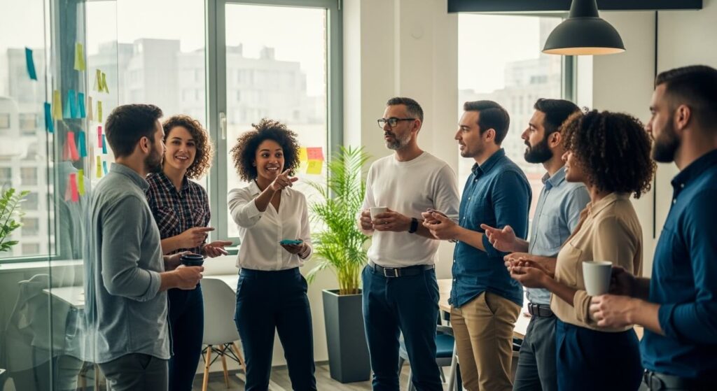 Equipe de marketing multidisciplinar colaborando em uma reunião de alinhamento diária, característica dos métodos ágeis.