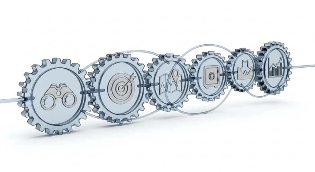 Infográfico com engrenagens representando as etapas essenciais do planejamento estratégico: diagnóstico, metas, estratégias, recursos e medição.