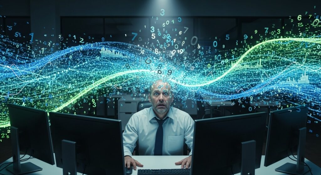 Gestor sobrecarregado por um excesso de gráficos e relatórios, ilustrando o problema de ter muitos dados e pouca inteligência de negócio.