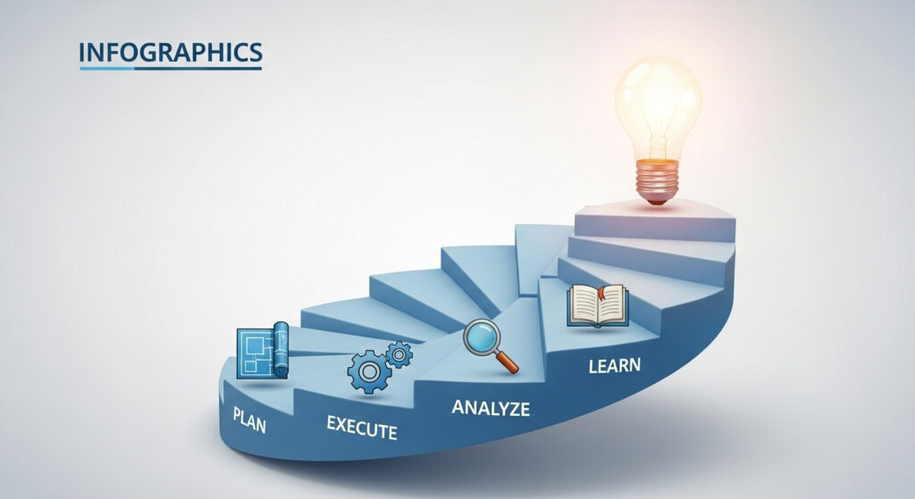 Infográfico de uma escada em espiral mostrando o ciclo de melhoria contínua dos métodos ágeis: planejar, executar, analisar e aprender.