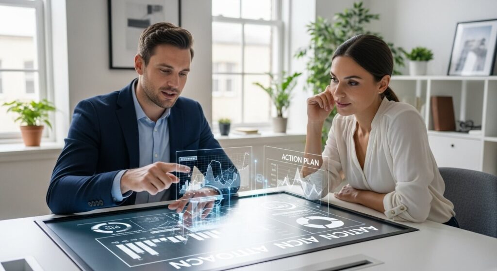 Especialistas da OnMídia em uma sessão de consultoria, desenvolvendo um planejamento estratégico para um cliente.