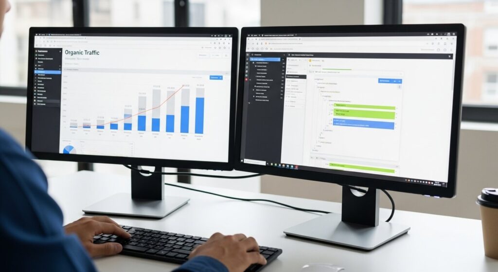 Analista de SEO trabalhando na otimização de um site institucional para melhorar o ranking no Google e aumentar o tráfego orgânico.