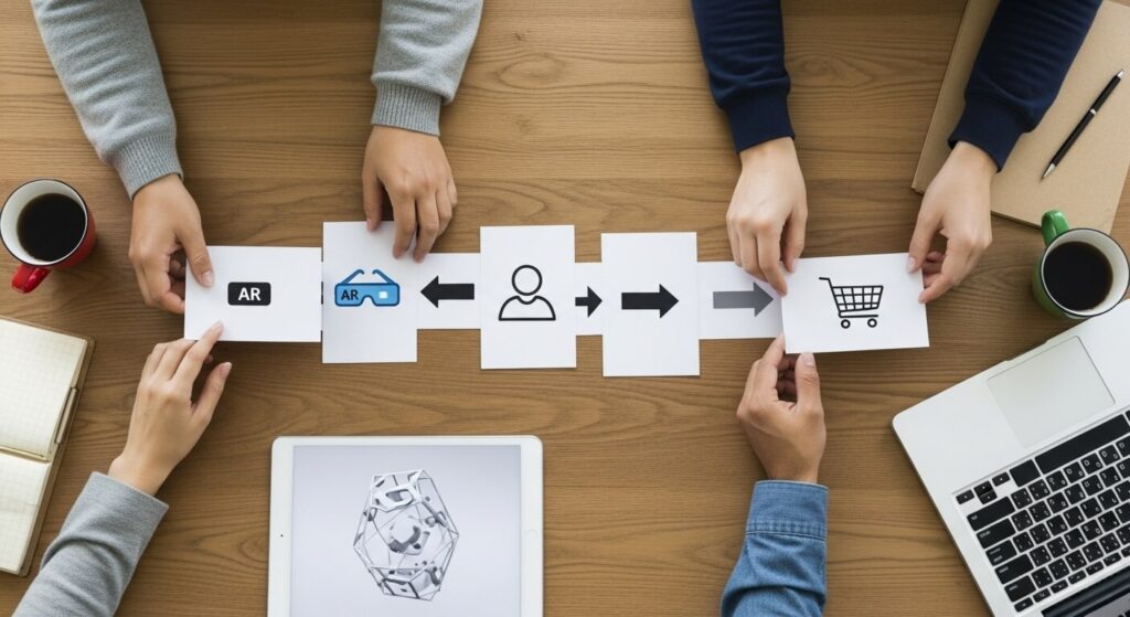 Mesa de trabalho com mãos de uma equipe planejando a jornada do cliente para uma experiência de realidade aumentada usando cartões com ícones.