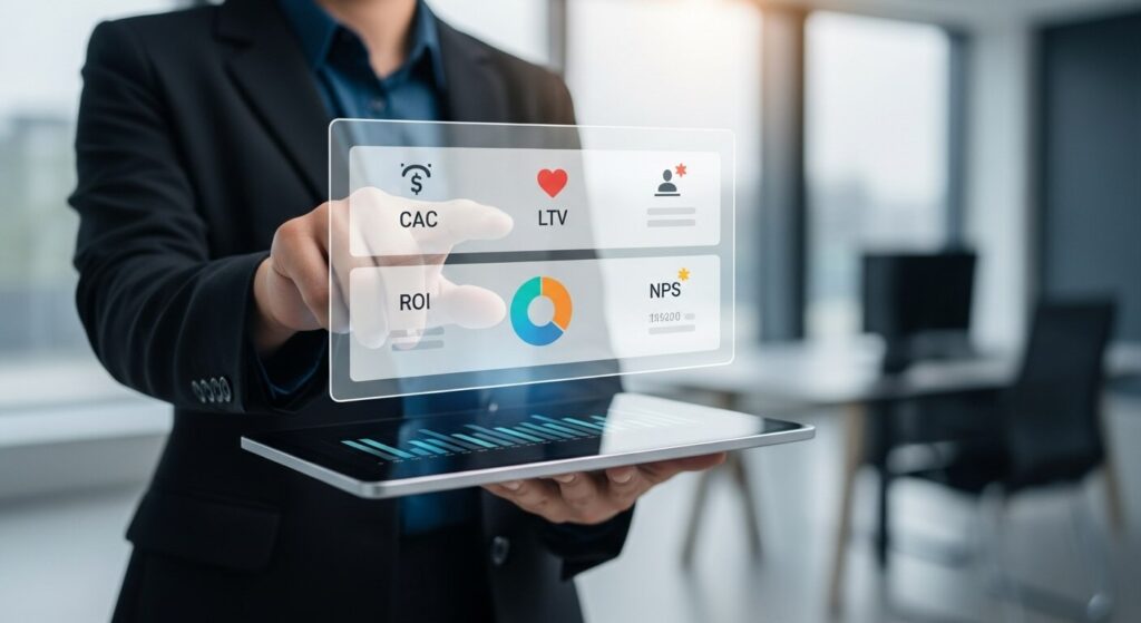 Dashboard em um tablet exibindo os principais KPIs de negócio, como CAC, LTV, ROI e NPS.