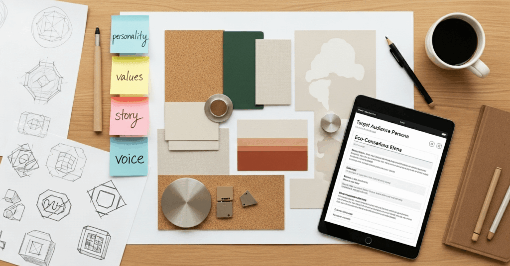 Mesa de trabalho com ferramentas e elementos do processo de construção de um projeto de branding estratégico, como moodboard, sketches e personas.