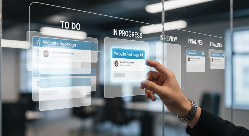 Mão movendo uma tarefa em um quadro Kanban digital, ferramenta utilizada na gestão de projetos de marketing ágil.