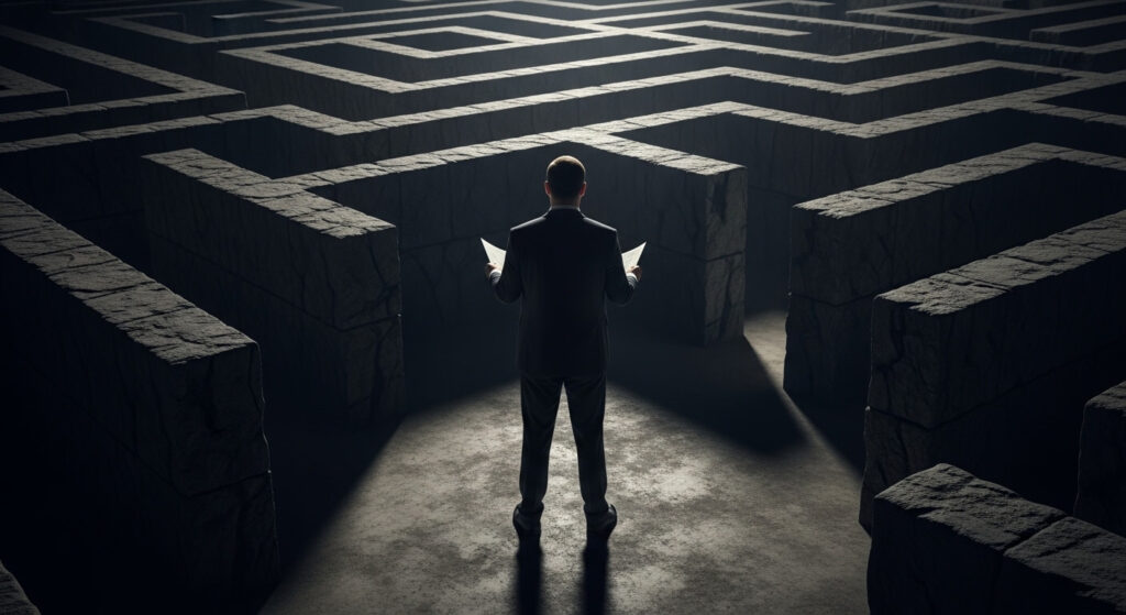 Executivo perdido em frente a um labirinto, simbolizando os riscos da falta de planejamento estratégico nos negócios.
