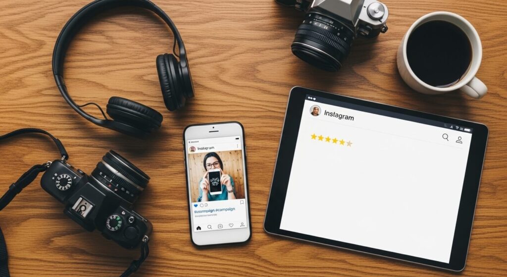 Mesa com celular e tablet exibindo exemplos de Conteúdo Gerado pelo Usuário, como fotos com hashtags e avaliações de produtos.