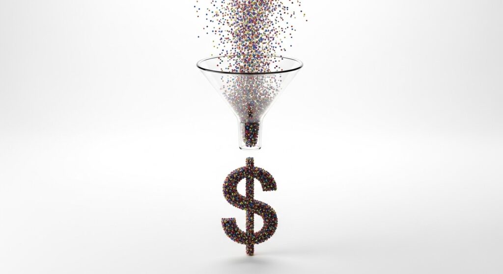 Infográfico mostrando dados brutos sendo processados por um funil e se transformando em uma seta de crescimento, representando a análise de dados.