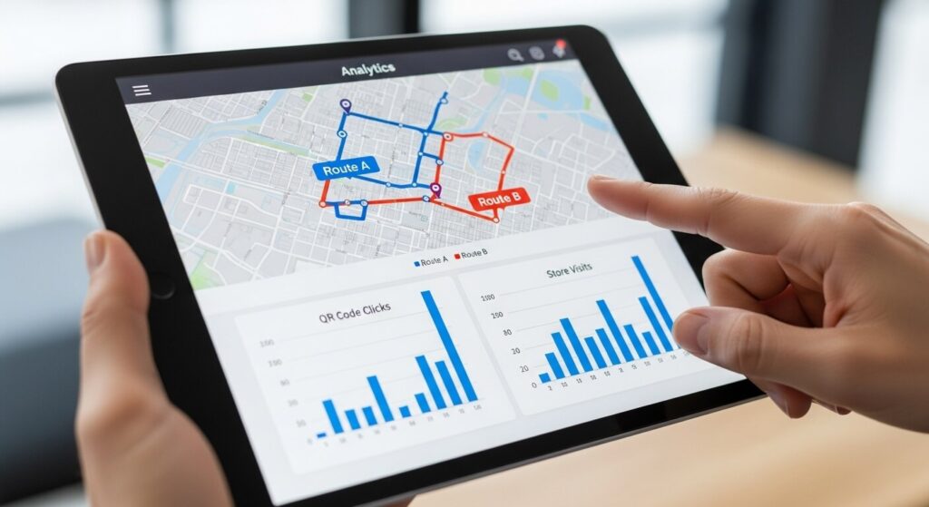 Dashboard de analytics em um tablet mostrando a análise de performance e os resultados de uma campanha de busdoor segmentada.