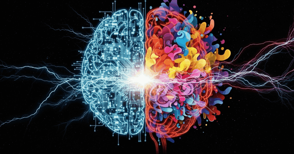 Cérebro dividido entre dados (IA) e criatividade (humana), a ilustrar o conceito de branding inteligente.