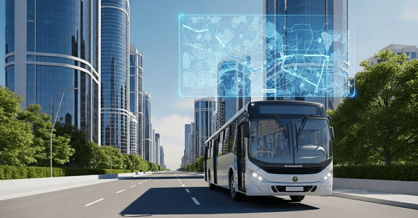 Ônibus com anúncio de busdoor circulando em uma rota destacada por um mapa holográfico, ilustrando o conceito de segmentação geográfica.