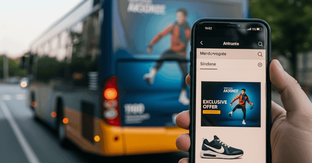 Celular escaneando um QR Code em um anúncio de busdoor, conectando a mídia física com uma experiência de marketing digital.