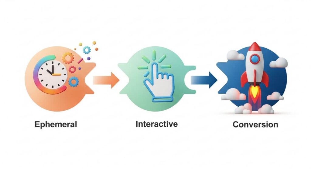 Infográfico mostrando o ciclo virtuoso do marketing digital: conteúdo efêmero gera interação, que leva à conversão.