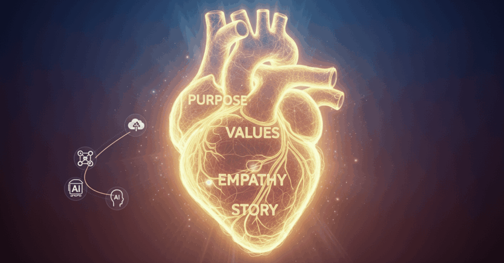 Coração humano luminoso com as palavras 'Propósito' e 'Valores', a simbolizar o fator humano como diferencial das marcas na era da IA.