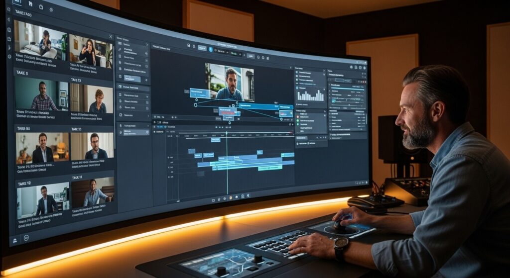 Diretor criativo a usar uma interface de IA para acelerar a produção de conteúdo audiovisual, a demonstrar a IA como co-criadora.