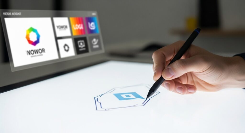 Mão de um designer a criar uma identidade de marca com a ajuda de sugestões de uma ferramenta de inteligência artificial.