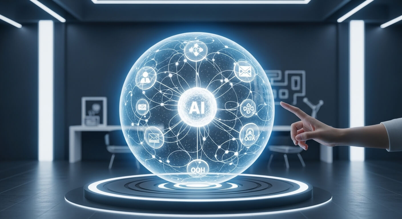 Esfera holográfica a ilustrar como a IA integra todas as áreas do marketing 360°, desde o branding até à análise de dados.