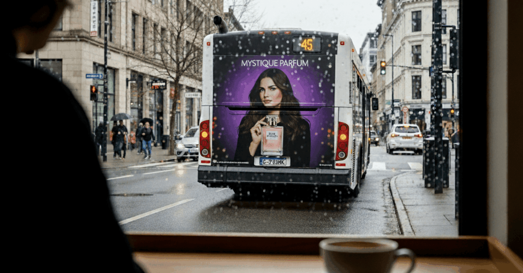 Pessoa vendo um anúncio de busdoor que se conecta visualmente a uma loja local, mostrando o impacto da publicidade hiperlocal.