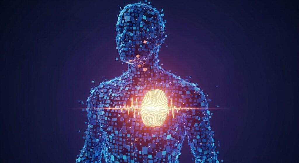 Silhueta digital com uma impressão digital humana brilhante no lugar do coração, a simbolizar o marketing humanizado na era da tecnologia.