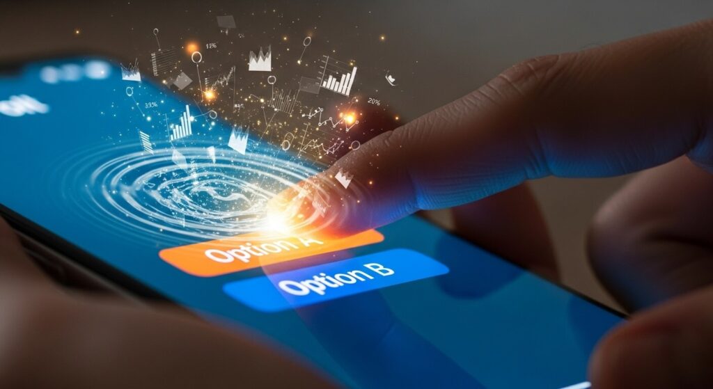 Dedo interagindo com uma enquete em um Story do Instagram, gerando dados e mostrando o poder do marketing interativo.