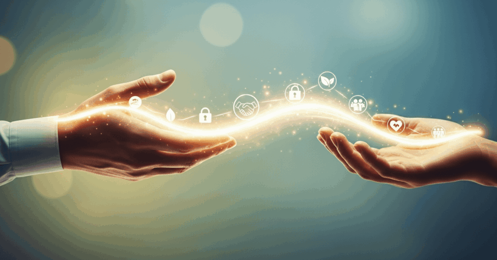 Mãos se conectando através de uma ponte de luz com ícones de valores, simbolizando a propaganda relacional e a conexão emocional com o consumidor.