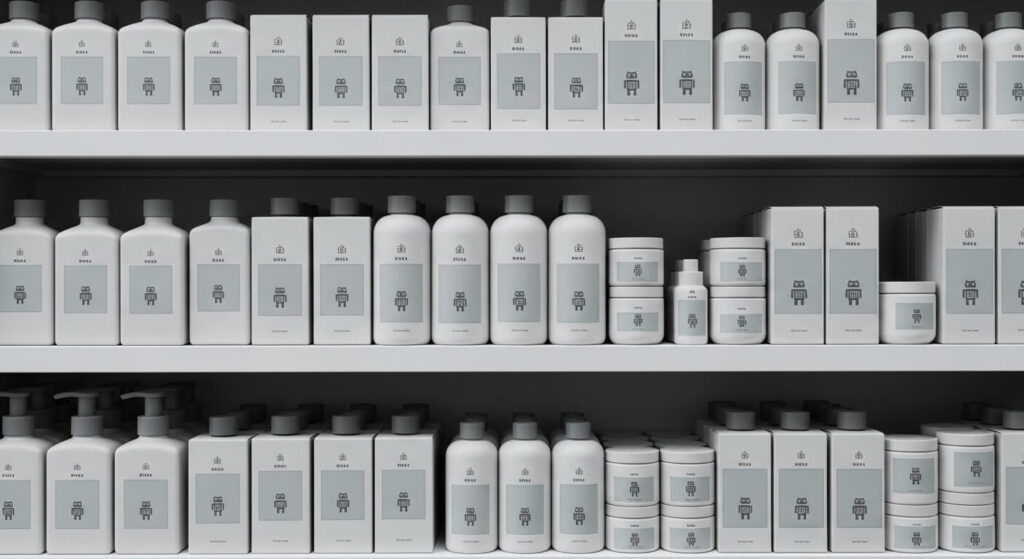 Prateleira com produtos diferentes, mas todos com o mesmo rótulo genérico gerado por IA, a ilustrar o risco da perda de identidade de marca.