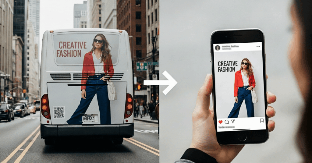 Exemplo de campanha integrada mostrando a conexão entre um anúncio de Busdoor (mídia OOH) e uma ação de marketing digital em um smartphone.