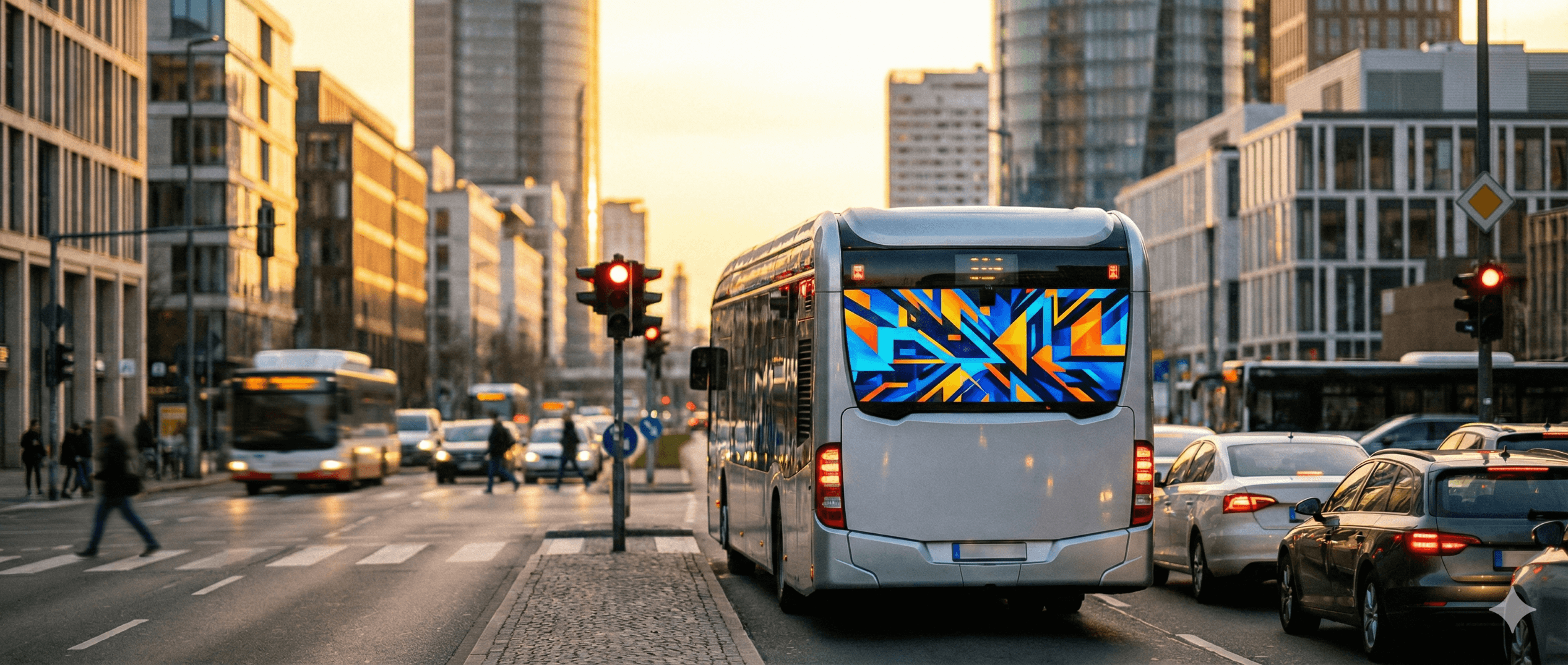 Foto realista do trânsito de uma cidade focado na traseira de um ônibus com um anúncio colorido no vidro (busdoor), cercado por carros e prédios ao fundo.