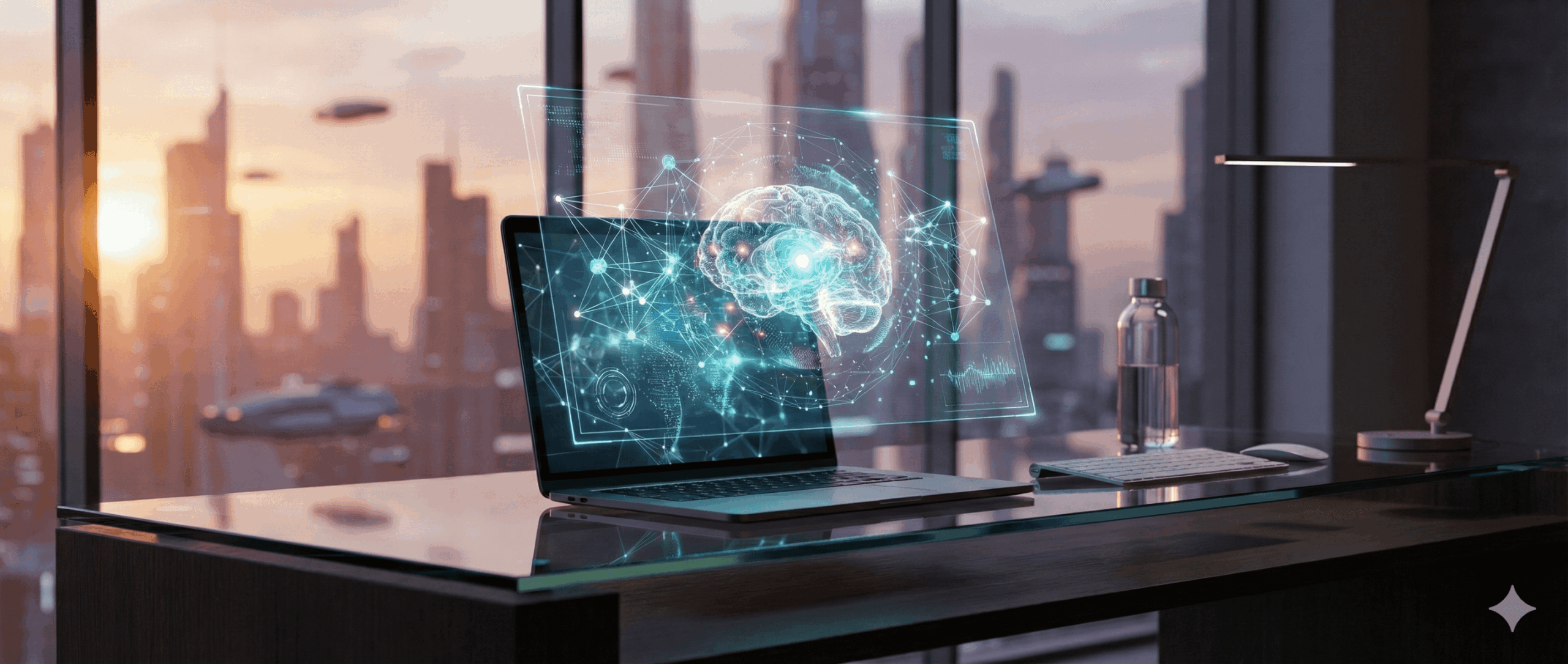 Representação digital de uma rede de dados holográfica conectada a um laptop, simbolizando a otimização de sites para motores de resposta com IA.