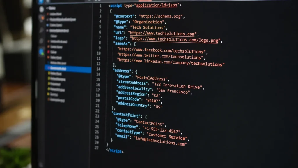 Código de schema markup estruturado em um editor, usado para sinalizar conteúdo a mecanismos de IA