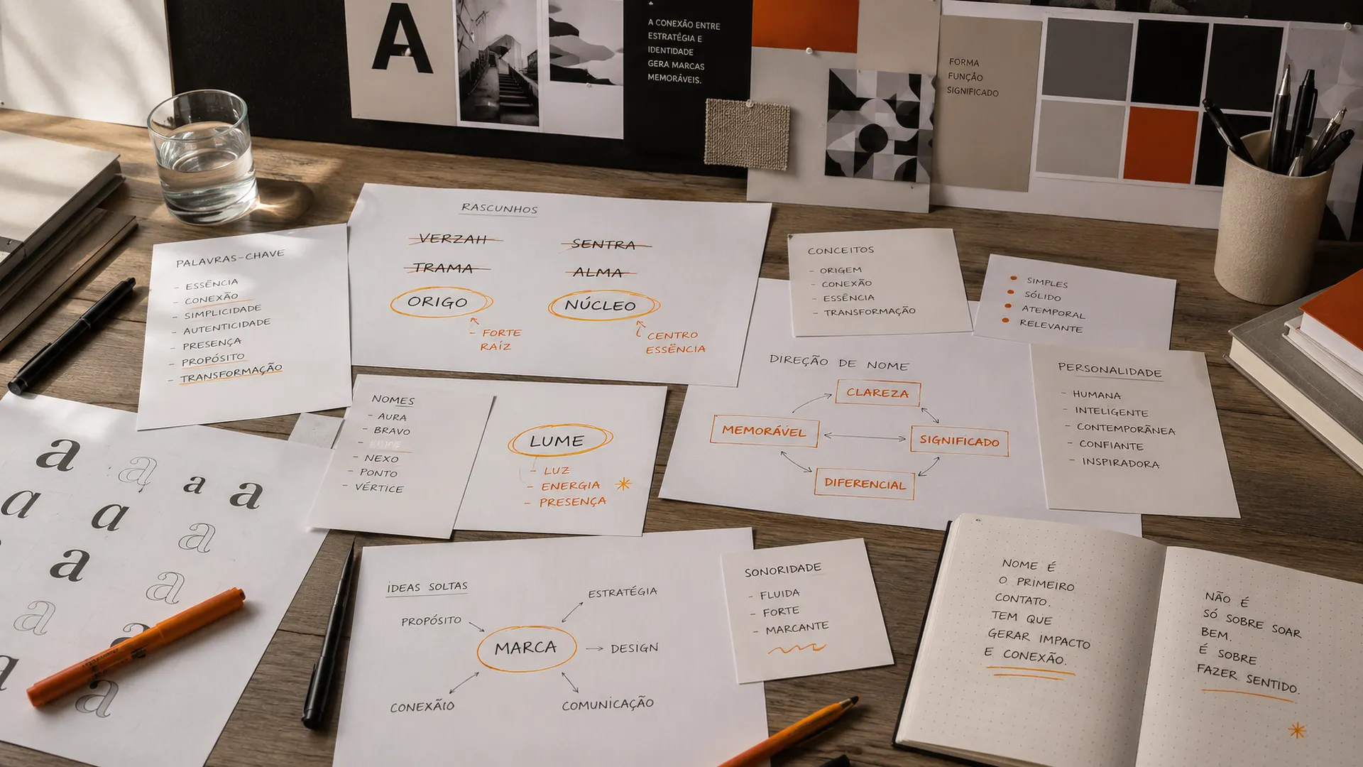 Mesa de trabalho com folhas de papel mostrando nomes de marca sendo testados e riscados durante processo de naming