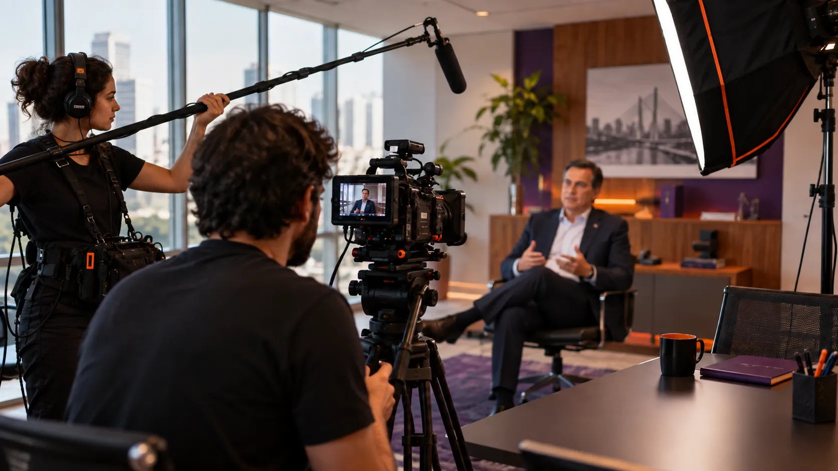 Equipe de filmagem gravando entrevista de vídeo institucional em escritório, com câmera, iluminação e captação de som