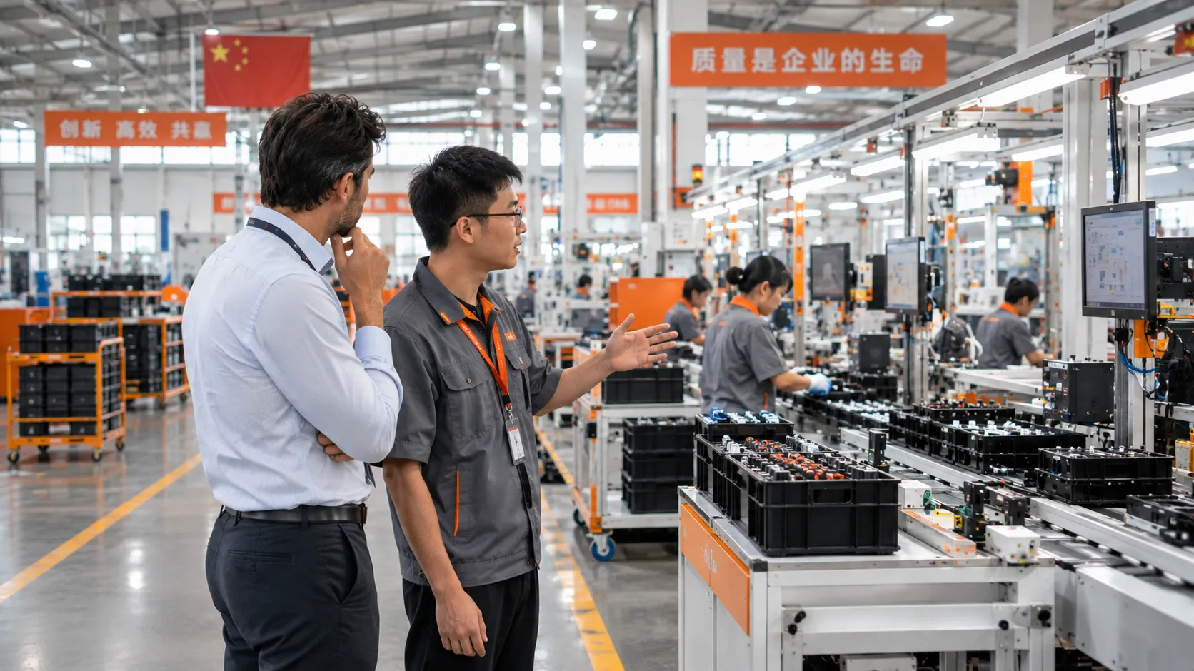 Visitante observando a linha de produção em operação durante uma visita técnica a uma fábrica na China