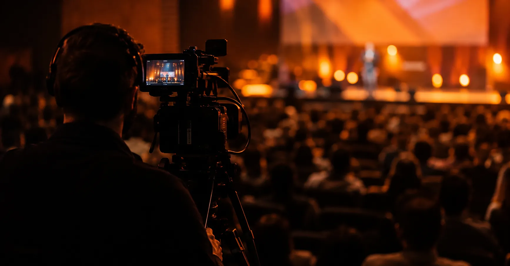 Operador de câmera filmando um auditório cheio durante um evento corporativo, cena típica da captação de um aftermovie.