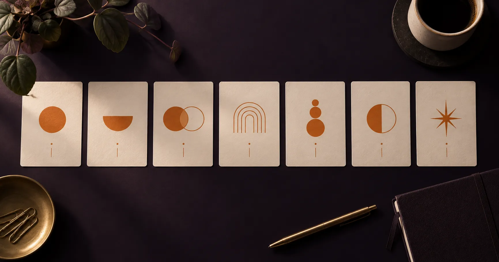 Sete cartões alinhados em sequência sobre uma mesa, representando as decisões que formam uma marca em um projeto de branding.